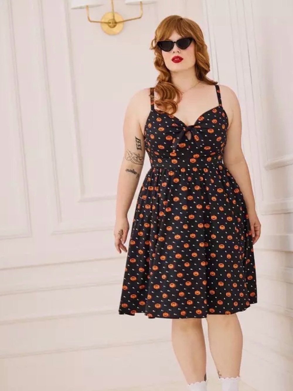 Torrid Retro Chic Black Midi Dress with Orange Pumpkin Print